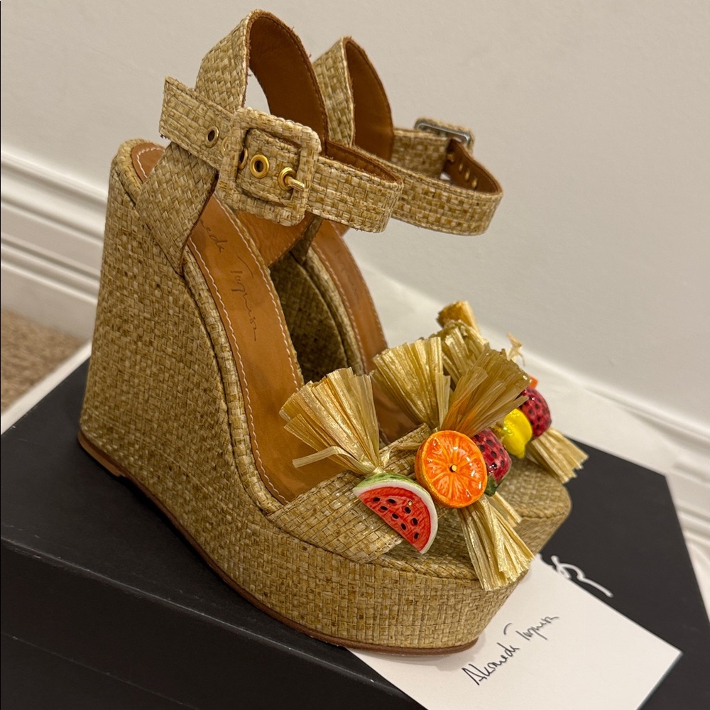 Alameda Turquesa Raffia Fruit Wedge Sandals 37 | Sicily Style Statement Heels